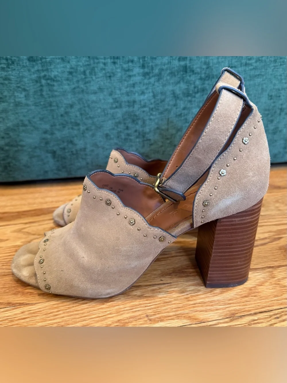 COACH Marnie Suede Block Heel Sandals Women’s 9.5 Tan Ankle Strap Heels w Box